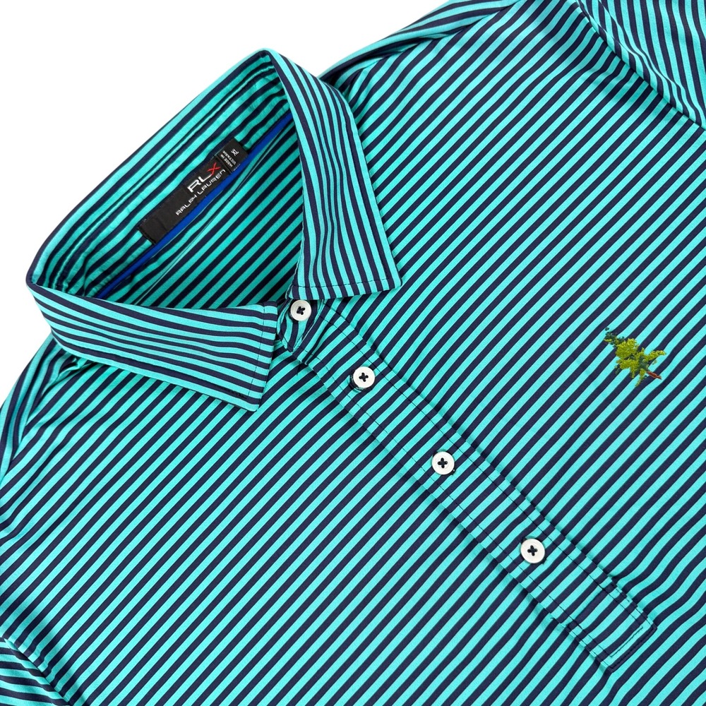 RLX Ralph Lauren Polo Shirt‎ Mens XL Green Blue Striped Golf Short Sleeve